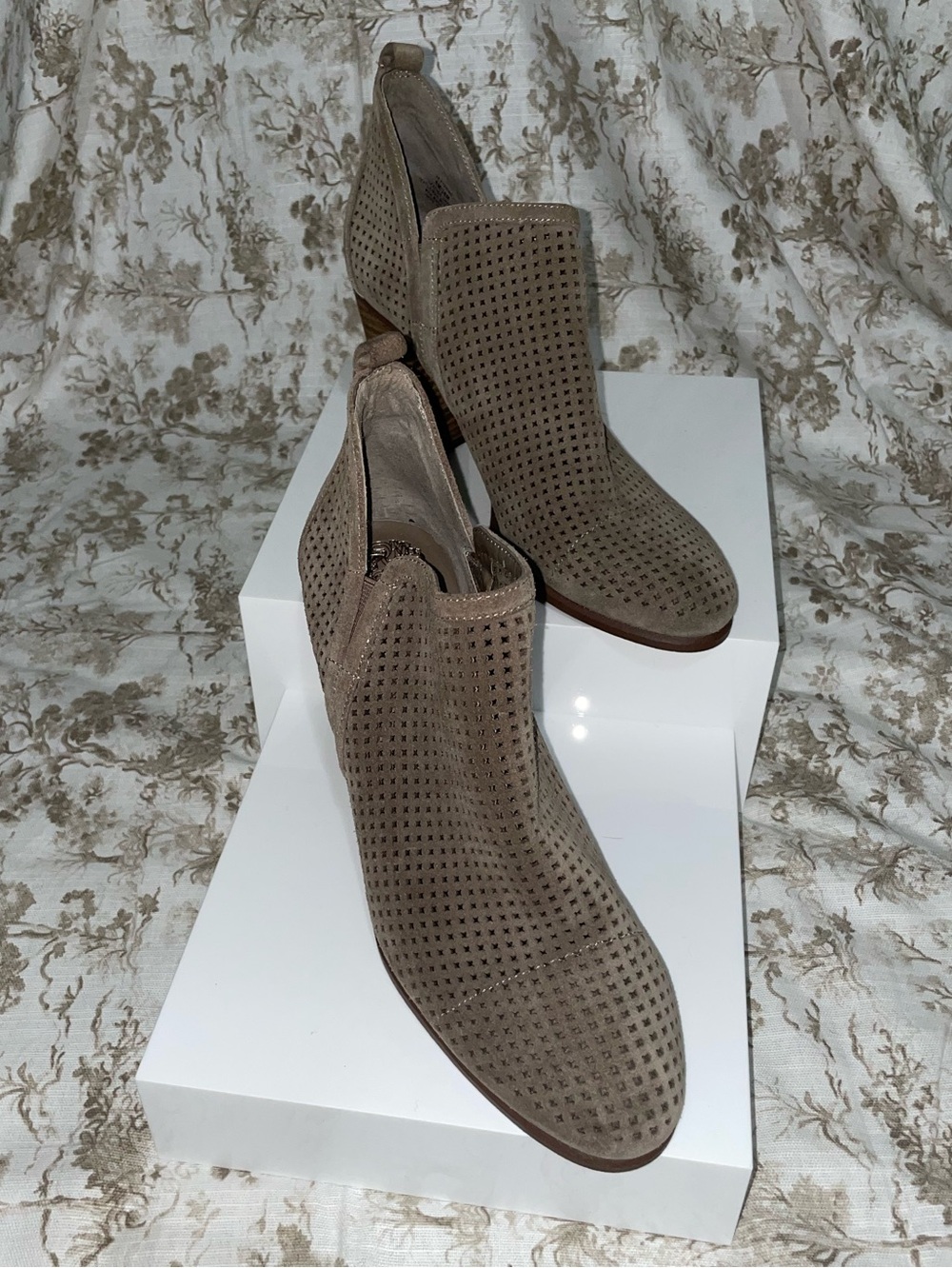 Vince Camuto Taupe Perforated Suede Ankle Booties